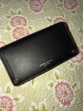 henri bendel Black Textured Leather Wallet Phone Case with Gold Accents